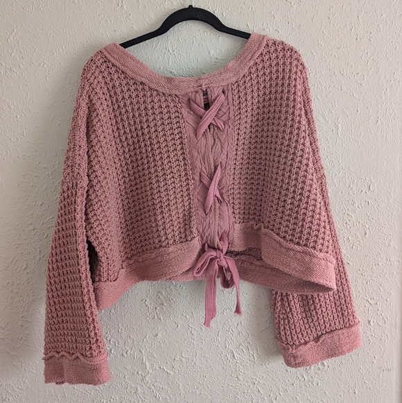 Free People Waffle Knit Lace Up Bow Back Pullover Sweater - Picture 4 of 5